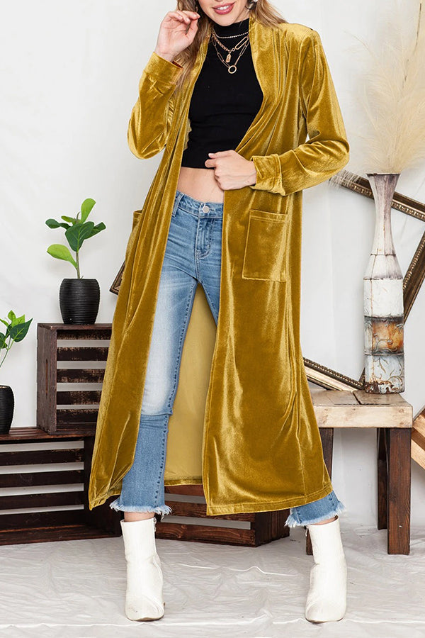 Elegant Yellow Velvet Open Front Pocket Long Coat