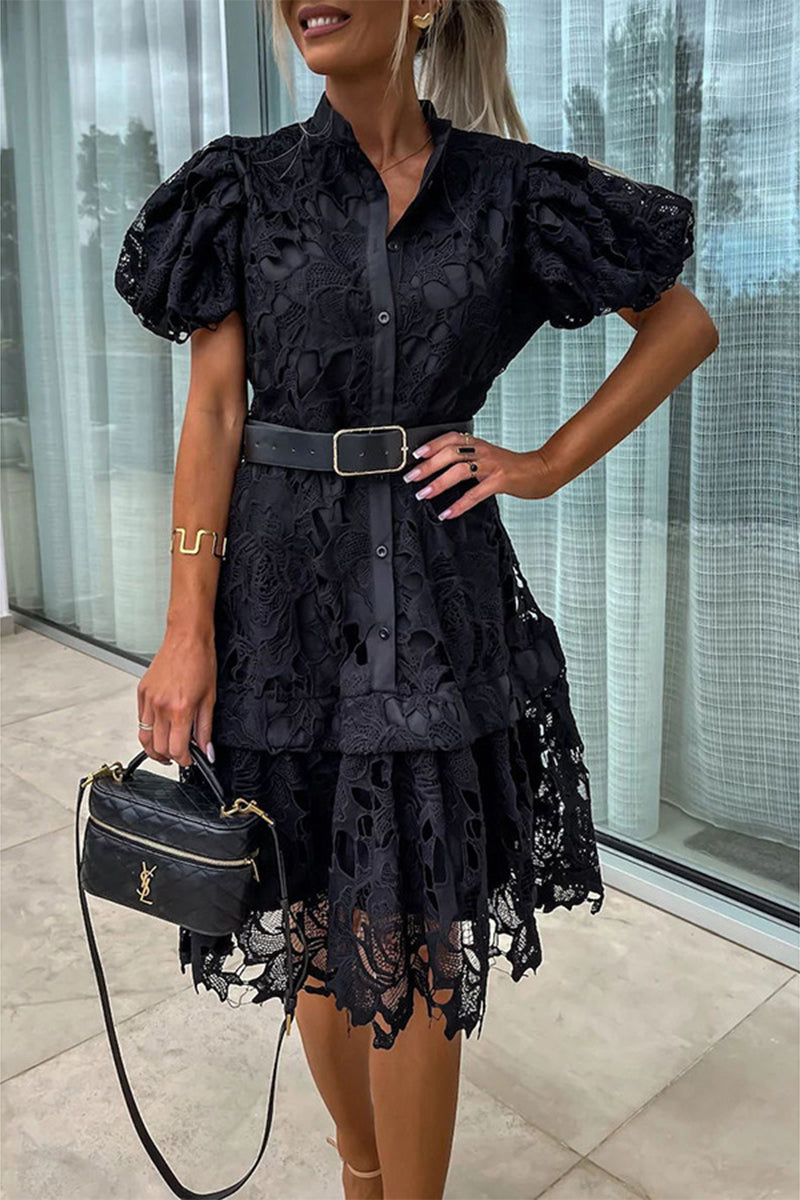 Elegant Hollowed Out Turndown Buttons Mini Lace Dress With Belt