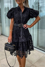 Load image into Gallery viewer, Elegant Hollowed Out Turndown Buttons Mini Lace Dress With Belt
