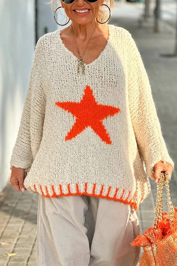 Texture Knit Star Pattern Contrast Color Loose Sweater