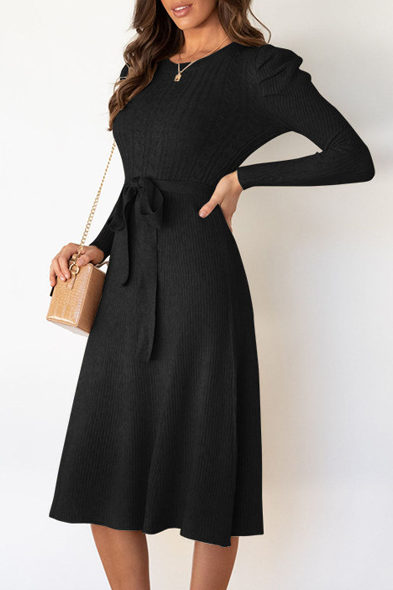 Casual Round Neck Tied Waist Long Sleeves Midi Sweater Dress