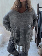 Load image into Gallery viewer, Chic Knit Fringe Detail Tassel Trim Pockets Loose Sweater
