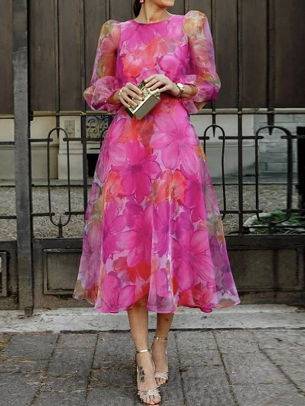 Elegant Floral Long Sleeves Gauze Midi Dress