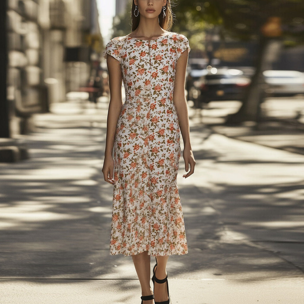 Yellow Floral Print Buttons Down Midi Dress