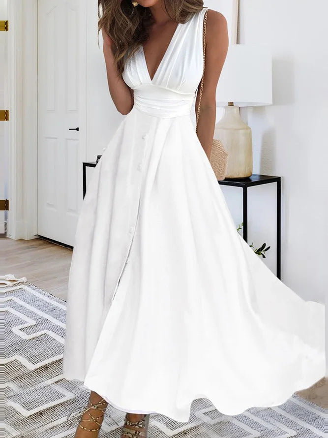 Elegant V Neck Sleeveless Midi Dress