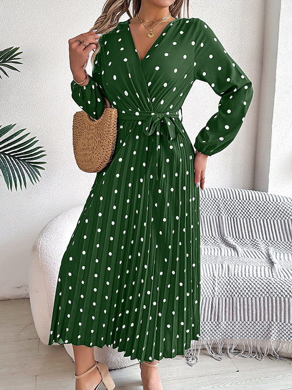 Classic V-neck Long Sleeves Polka Dots Print Midi Dress