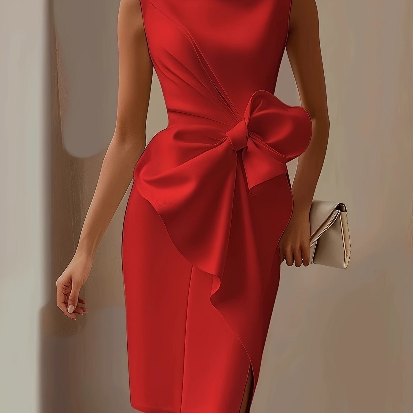 Elegant Sleeveless Crew Neck Bow Ruched Mini Dress