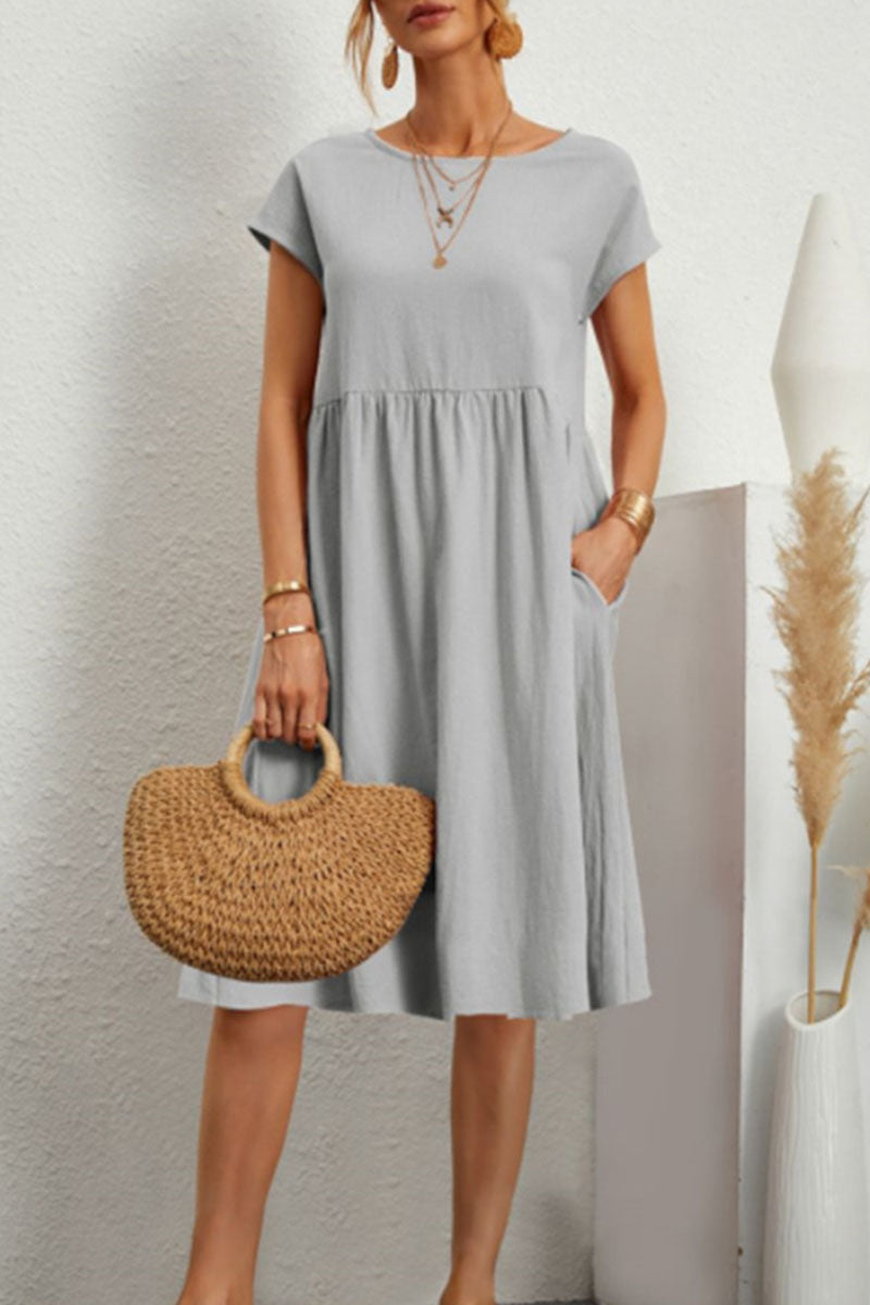 Casual Round Neck Short Sleeve A Line Pockets Midi Dress