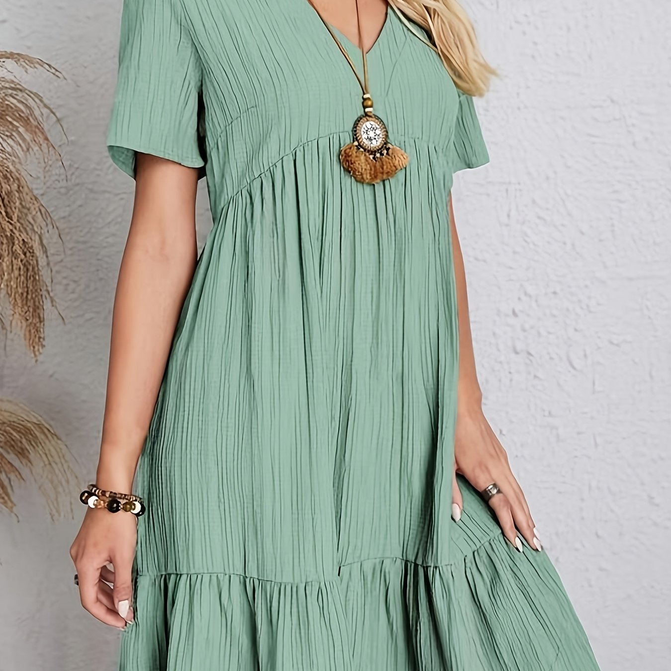 Elegant Casual Short Sleeve V-Neck Tiered Midi Dress