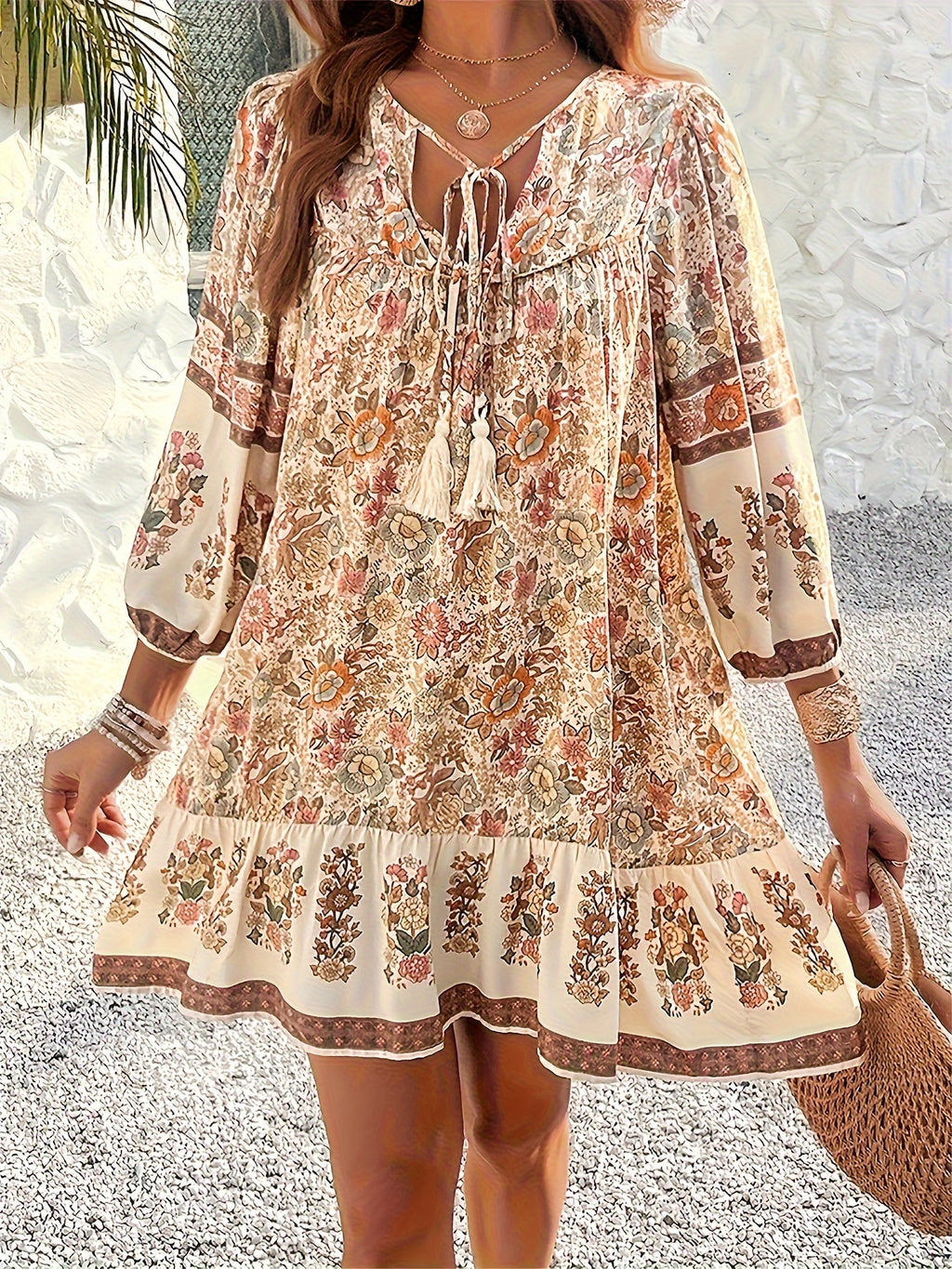 Loose Boho Long Sleeve Floral Tie Neck Mini Dress