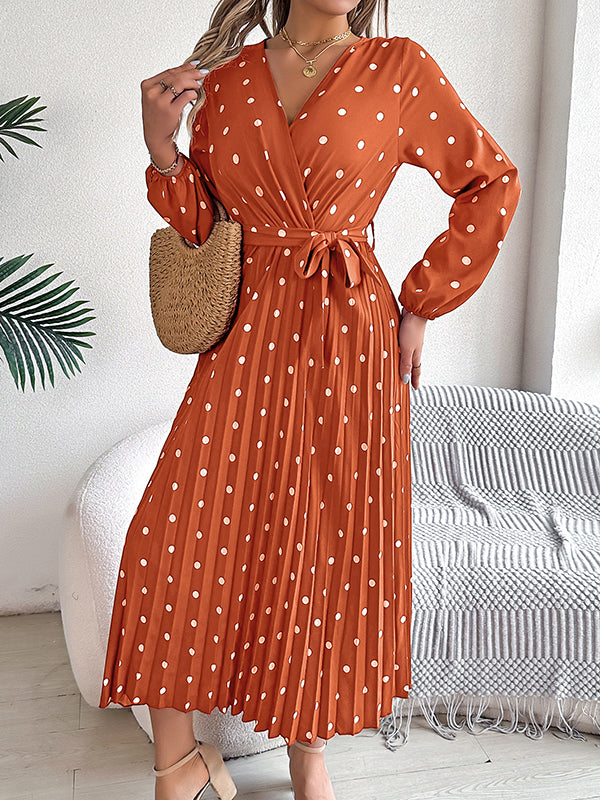 Classic V-neck Long Sleeves Polka Dots Print Midi Dress