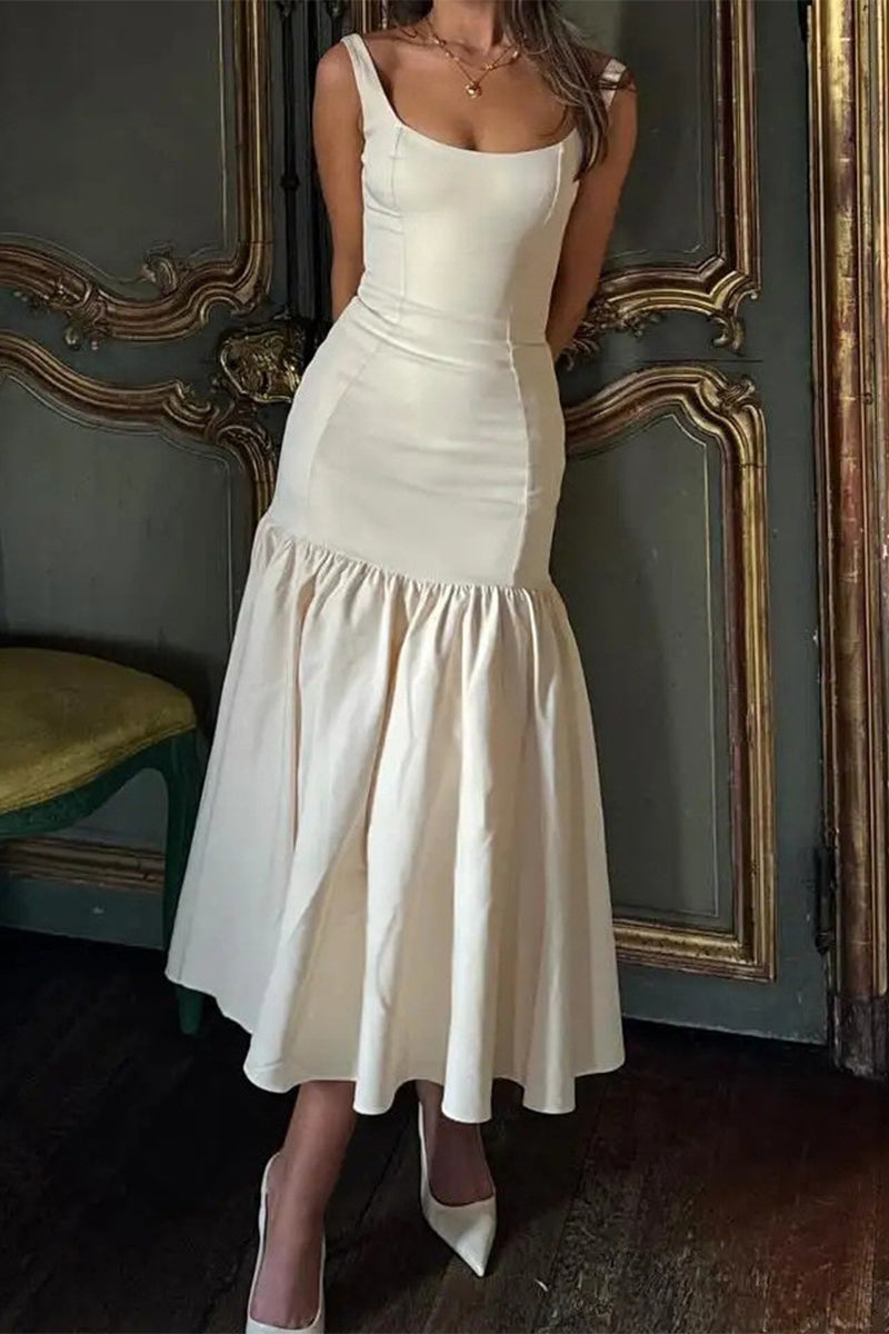 Sexy Beige Round Neck Ruched Sleeveless Mermaid Midi Dress