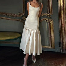 Load image into Gallery viewer, Sexy Beige Round Neck Ruched Sleeveless Mermaid Midi Dress
