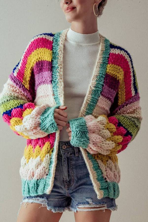 Colorful Striped Chunky Knit Cardigan Jacket