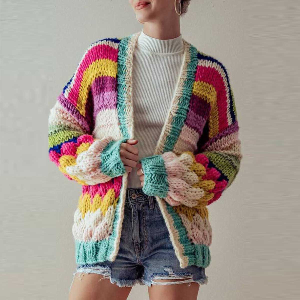 Colorful Striped Chunky Knit Cardigan Jacket