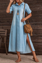 Load image into Gallery viewer, Collar Short Sleeves Slit Side Demin Midi Dress
