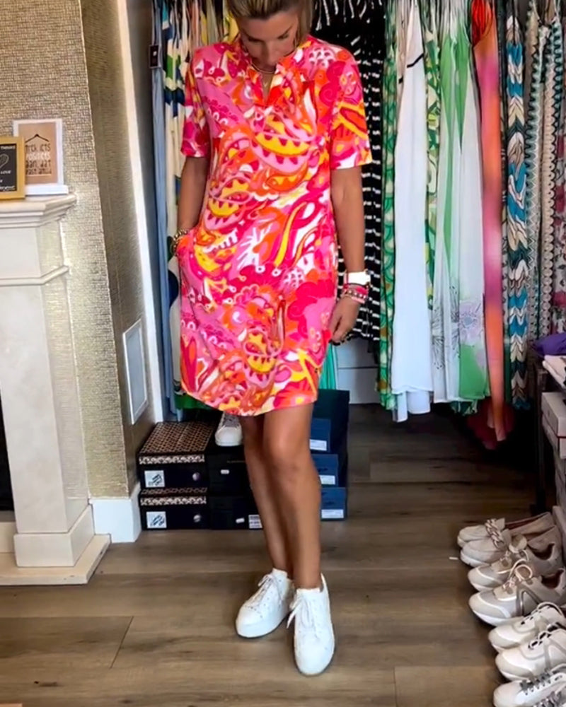 Pink Print Short Sleeve Mini Dress