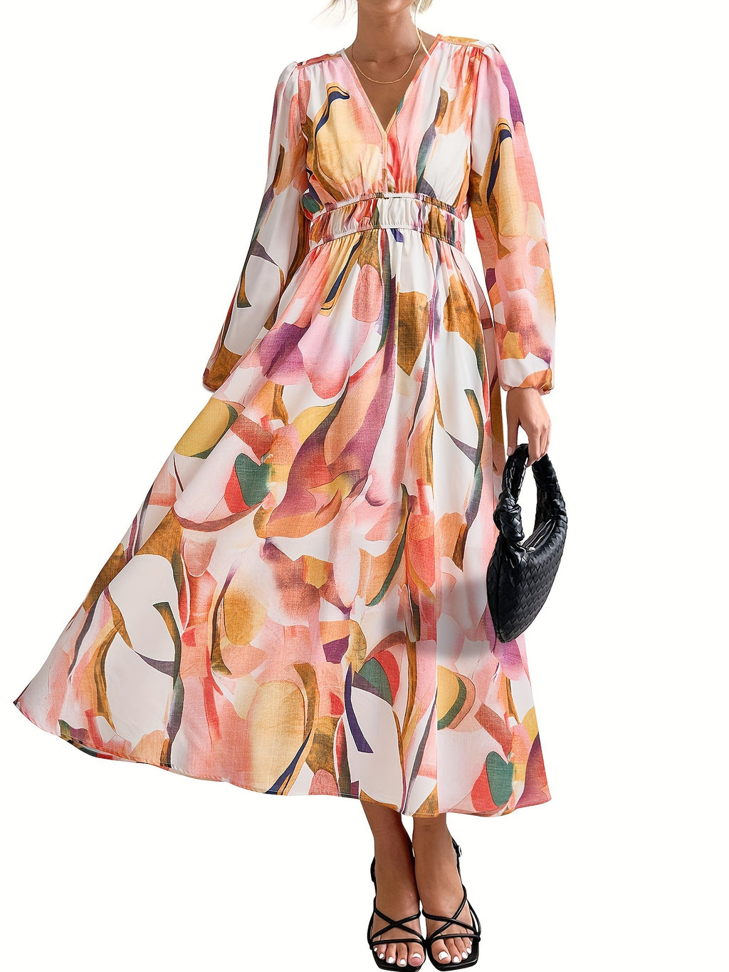 Casual Floral V Neck Long Sleeve Dress