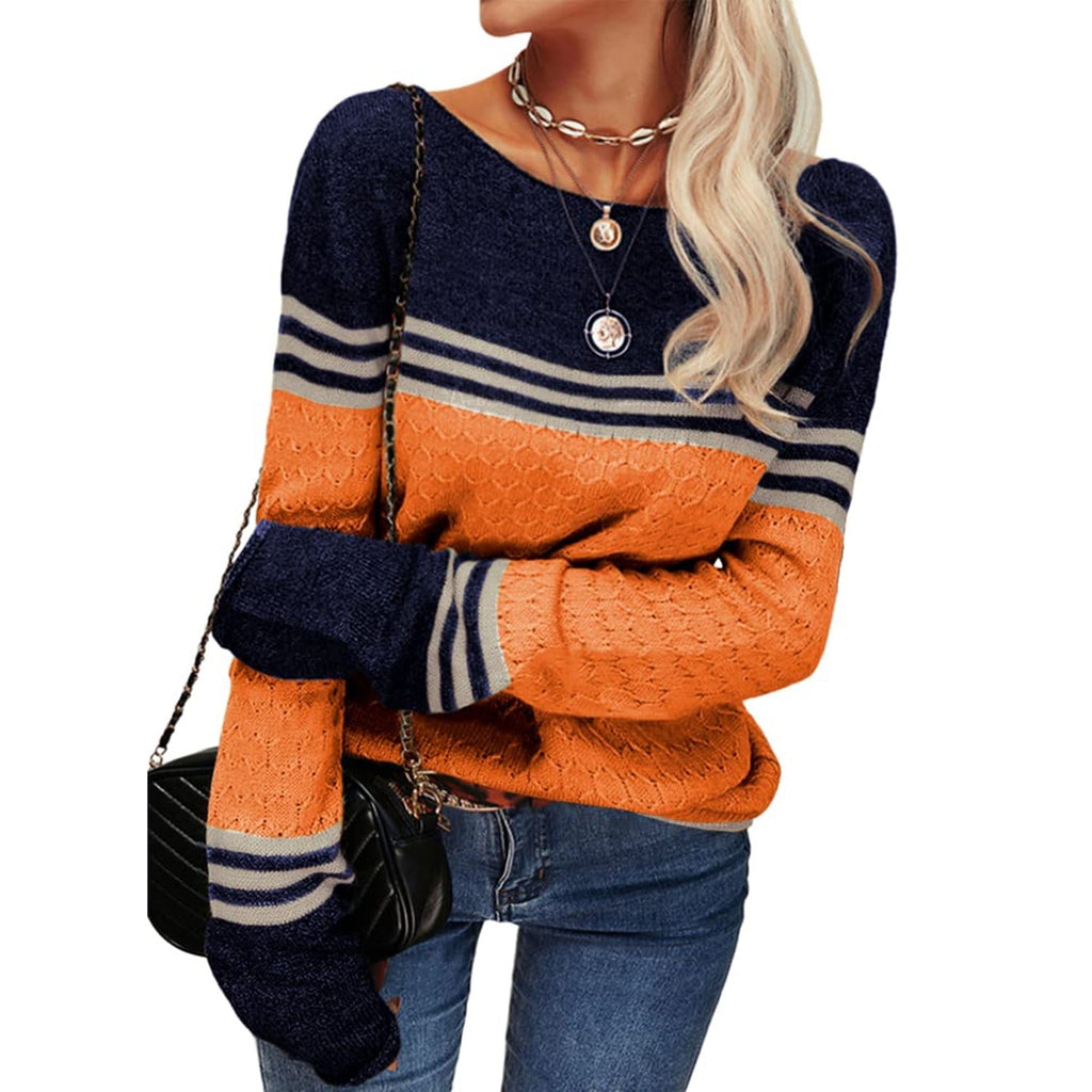 Colorblock Pullover Sweaters Round Neck Striped Slim Fitting Knitwear