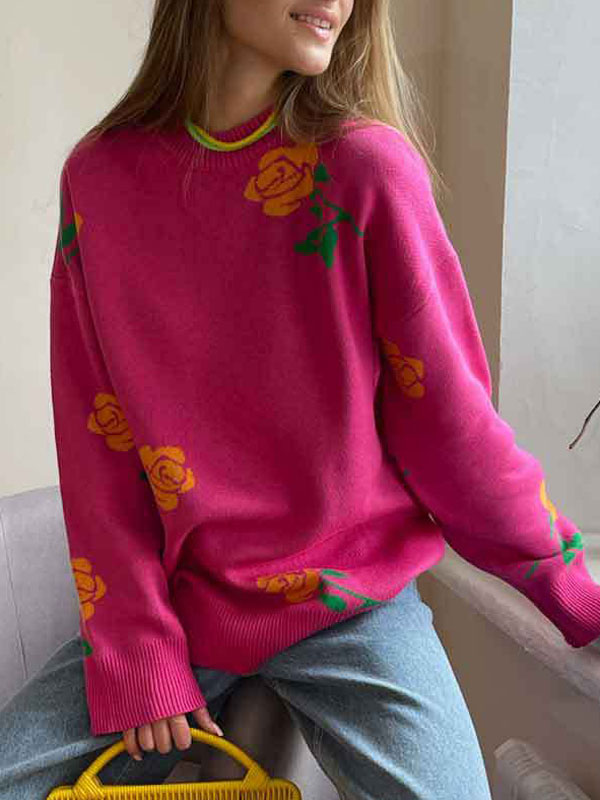 Cute Round Neck Rose Print Long Sleeves Sweater