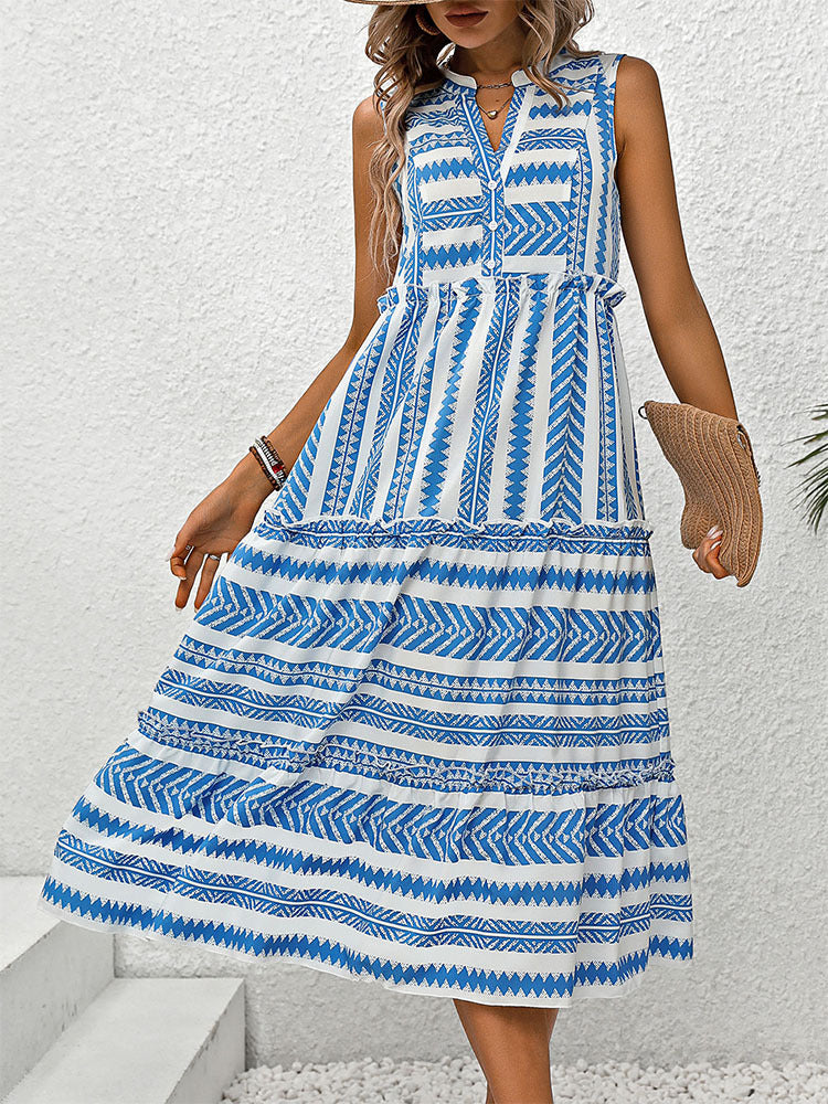 Casual Bohemian Geometric Print Sleeveless Tiered Midi Dress