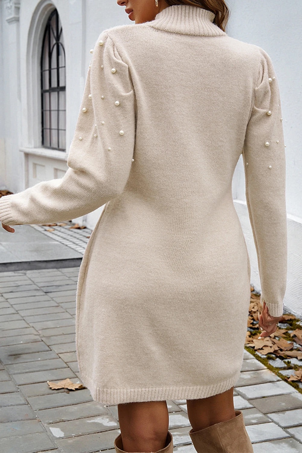 Beige Pearl Beaded High Neck Bodycon Sweater Dress