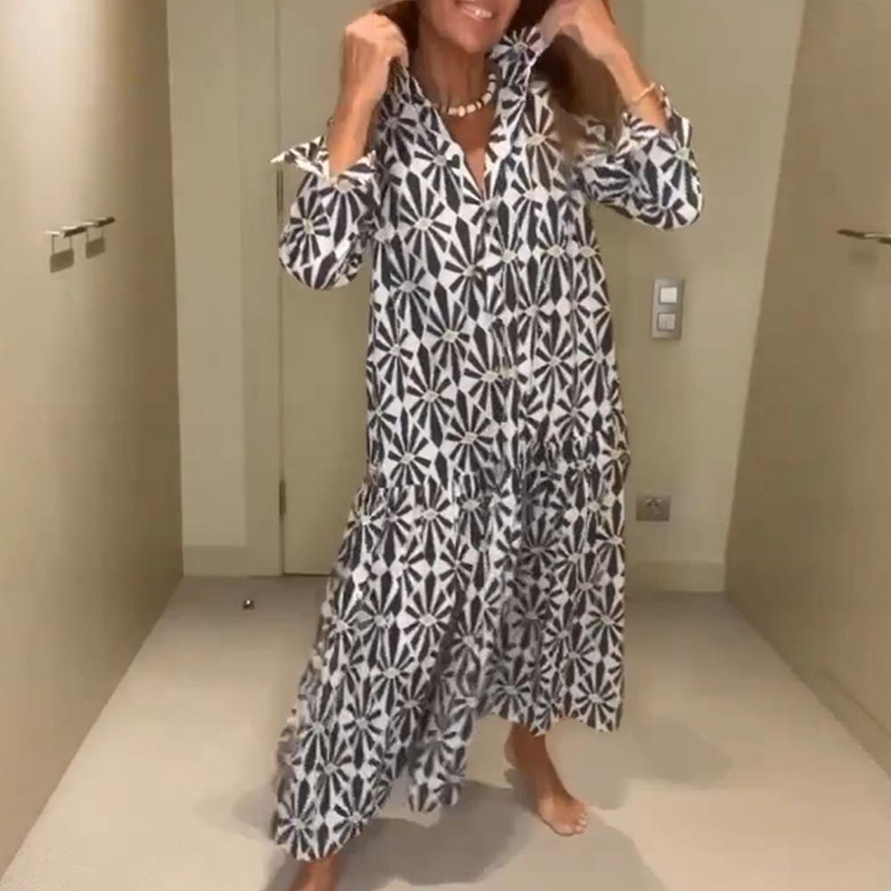 Black and White Print Long Sleeves Midi Dress