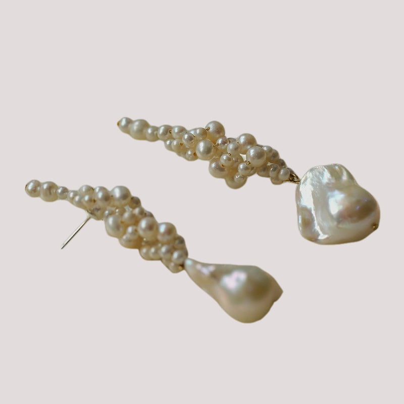 Artisan Handwoven Long Drop Earrings with Baroque Pearls