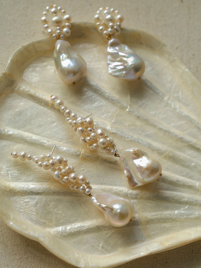 Artisan Handwoven Long Drop Earrings with Baroque Pearls