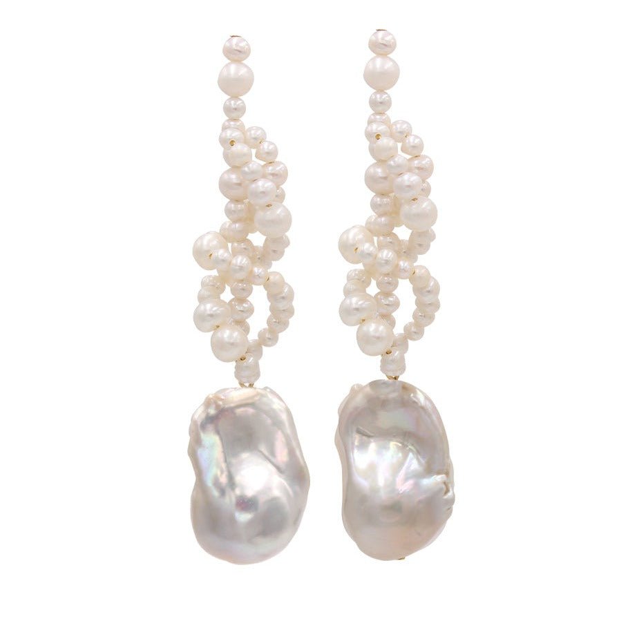 Artisan Handwoven Long Drop Earrings with Baroque Pearls