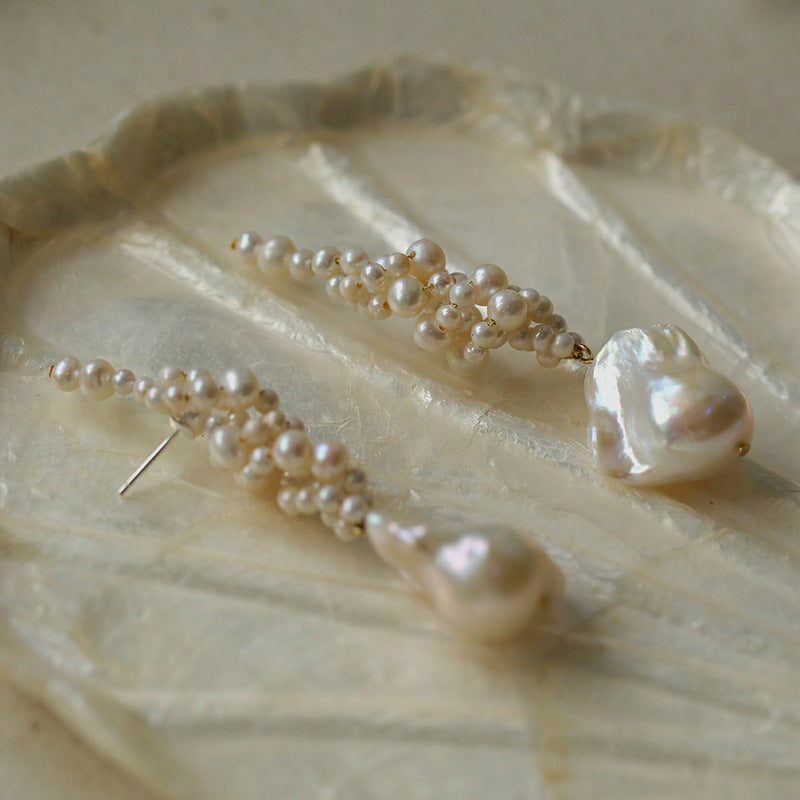 Artisan Handwoven Long Drop Earrings with Baroque Pearls