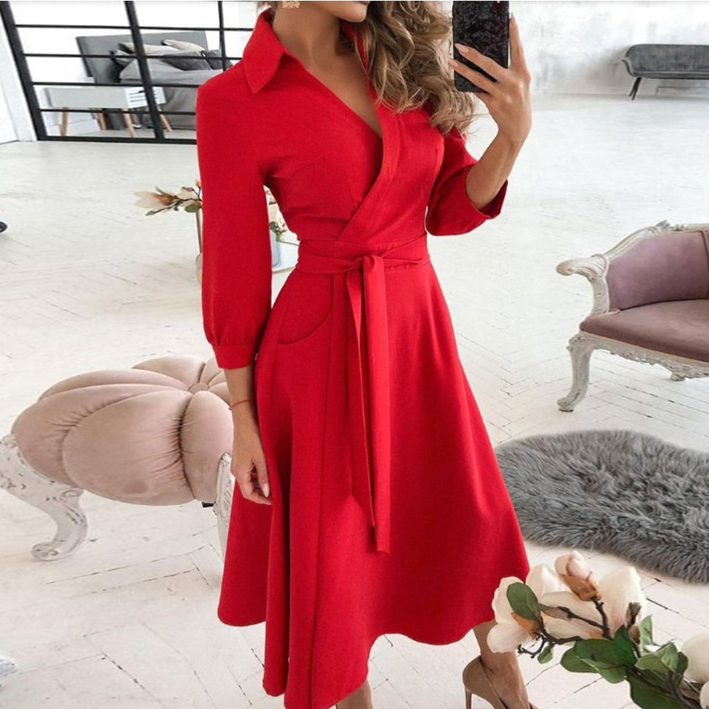 Collar Long Sleeves Wrap Midi Dress
