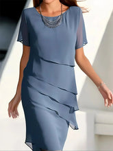 Load image into Gallery viewer, Navy Round Neck Short Sleeves Tiered Mini Dress
