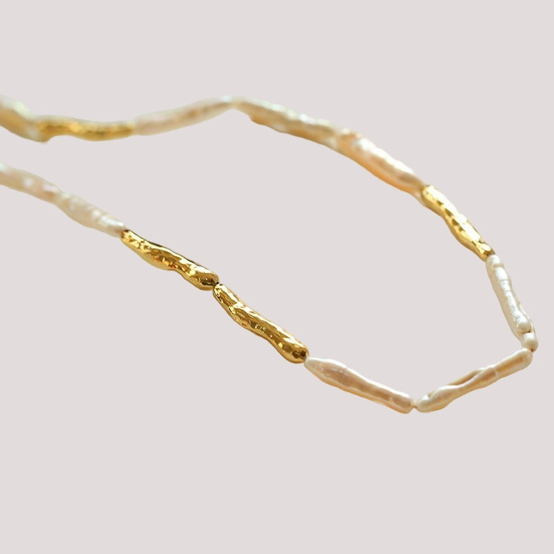 Baroque Toothpick Pearl Gold Stick Beads Choker Necklace