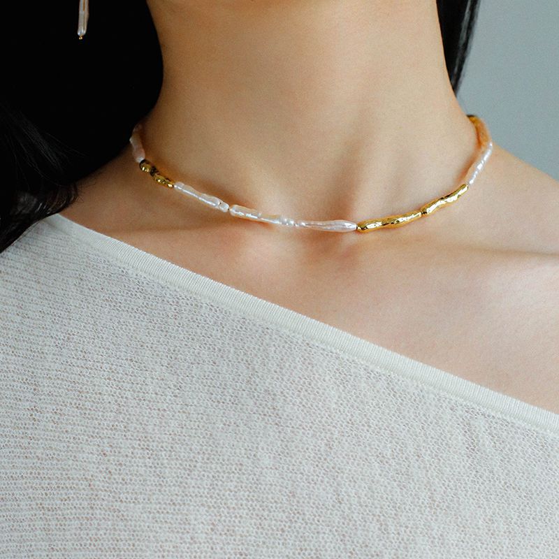 Baroque Toothpick Pearl Gold Stick Beads Choker Necklace