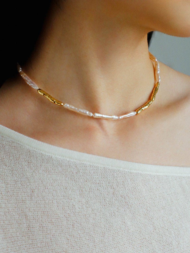 Baroque Toothpick Pearl Gold Stick Beads Choker Necklace