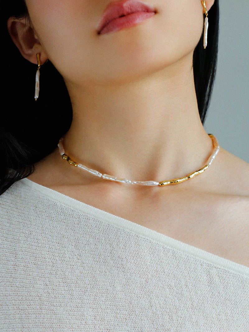 Baroque Toothpick Pearl Gold Stick Beads Choker Necklace