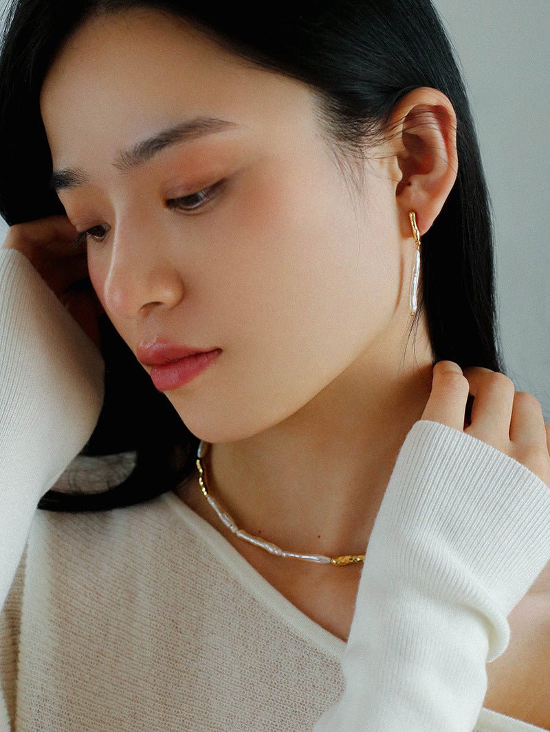 Baroque Toothpick Pearl Gold Stick Beads Choker Necklace