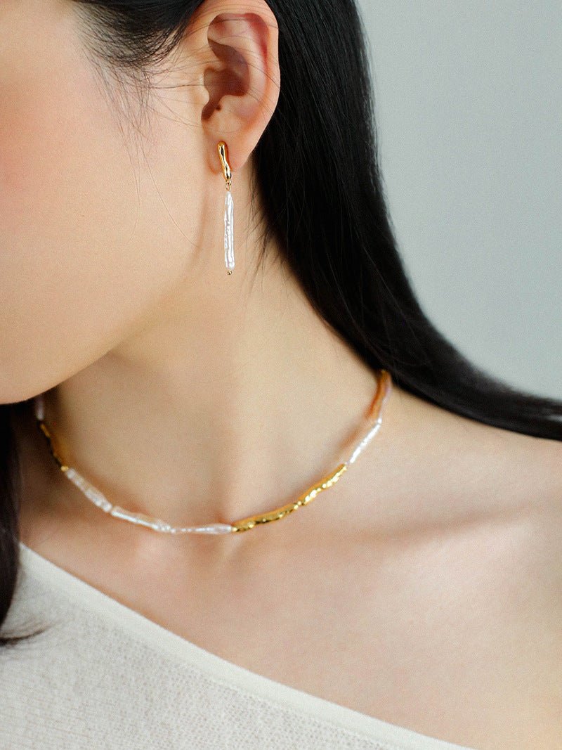 Baroque Toothpick Pearl Gold Stick Beads Choker Necklace