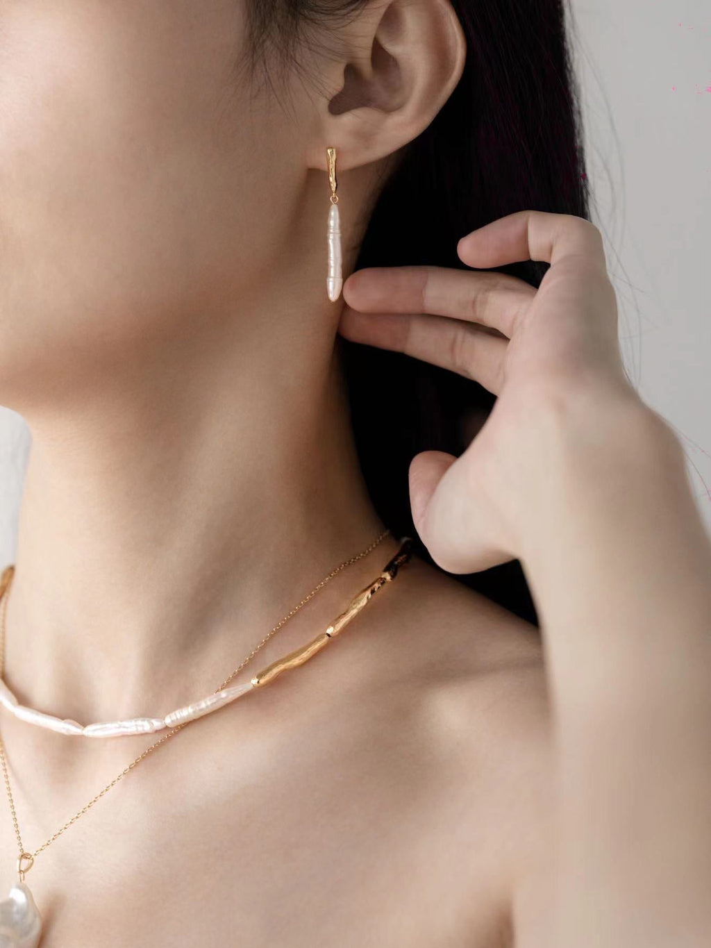 Baroque Toothpick Pearl Gold Stick Beads Choker Necklace