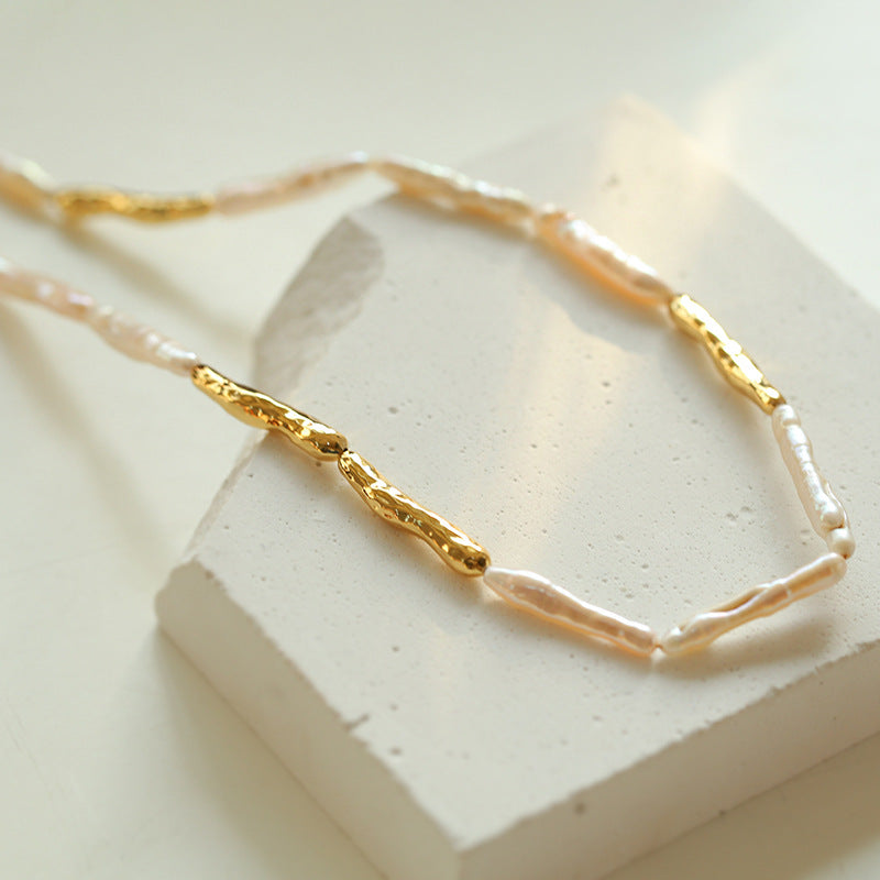Baroque Toothpick Pearl Gold Stick Beads Choker Necklace