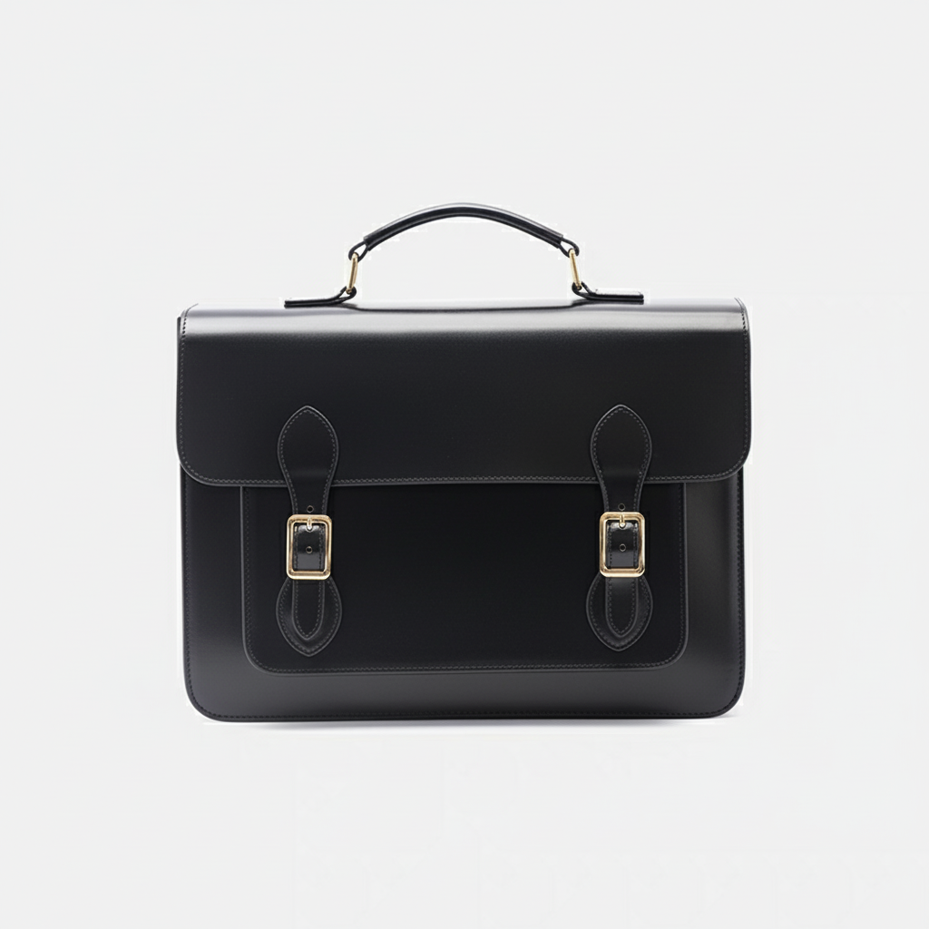 Black leather satchel with gold buckles on a light gray background