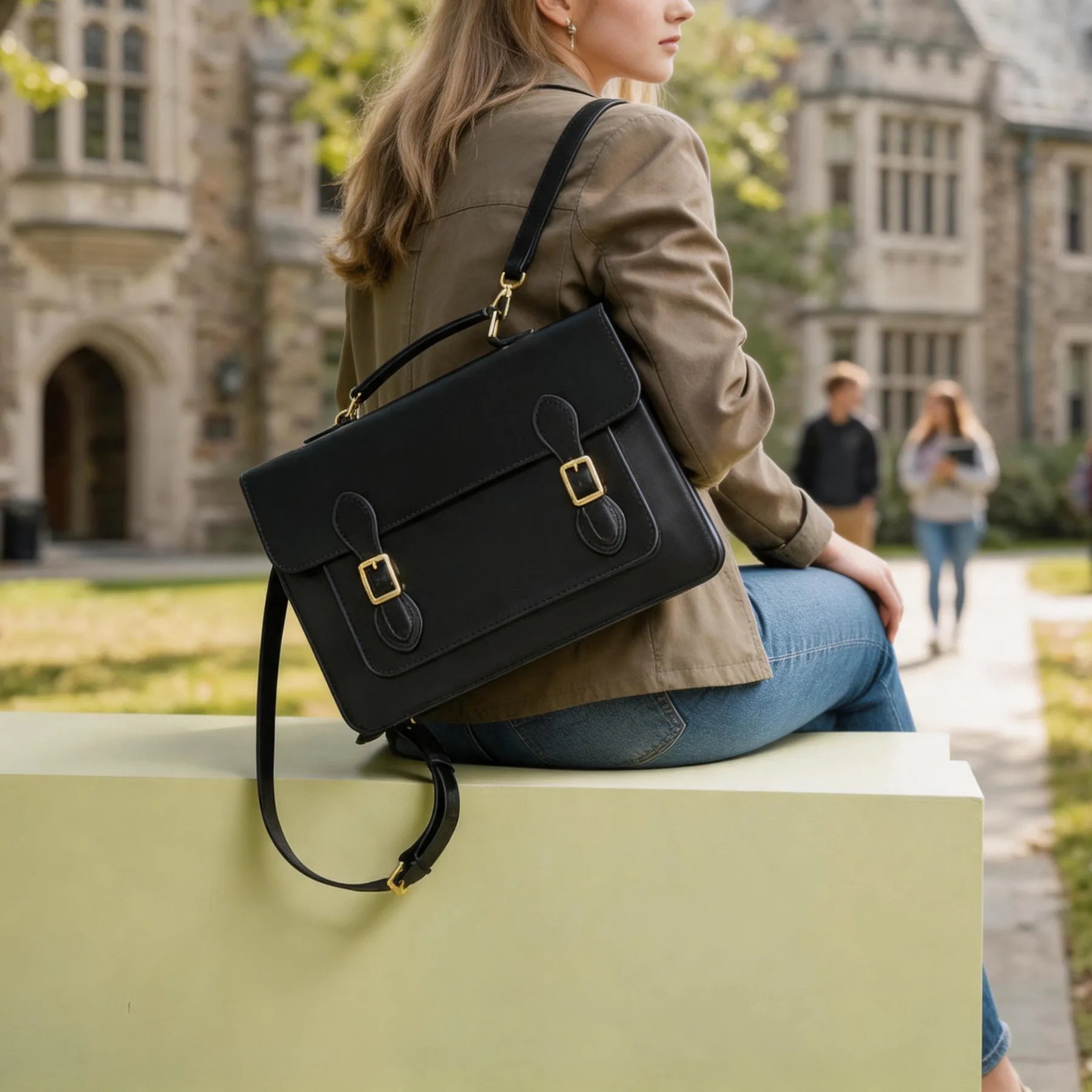 Person sitting on a bench with a black satchel bag in an outdoor setting