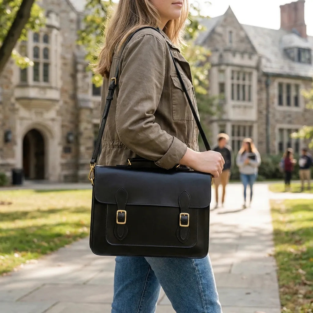 Person walking outdoors with a black leather satchel bag in front of a stone building.