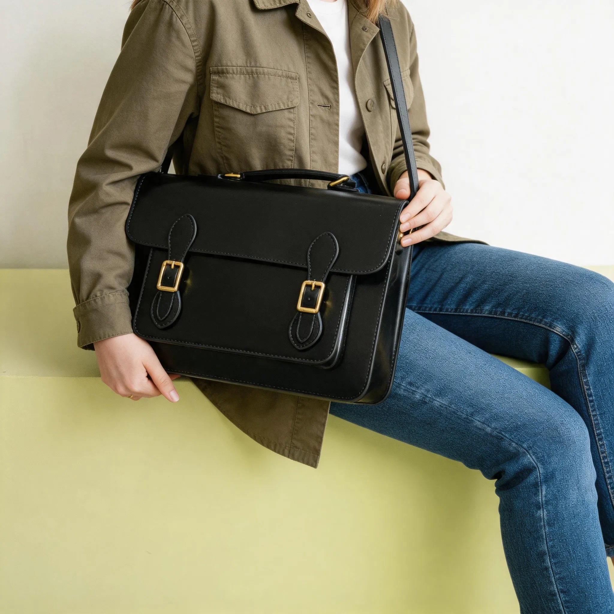 Person holding a black leather satchel bag against a plain background