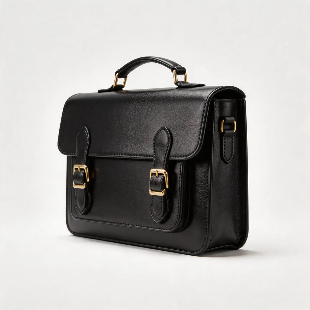 Black leather satchel with gold buckles on a light gray background