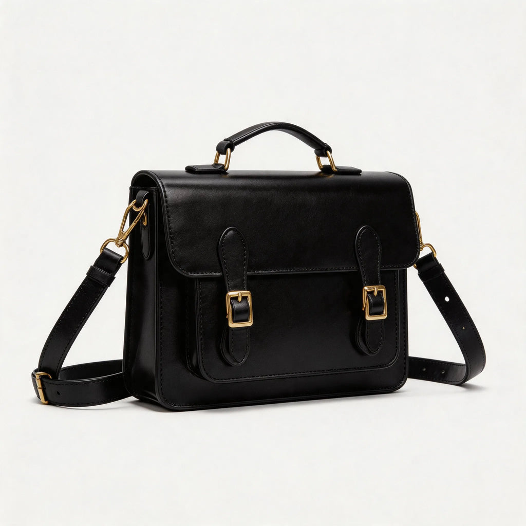 Black leather satchel bag with gold accents on a white background