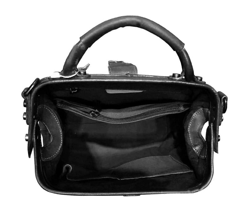 Black handbag with a handle on a white background