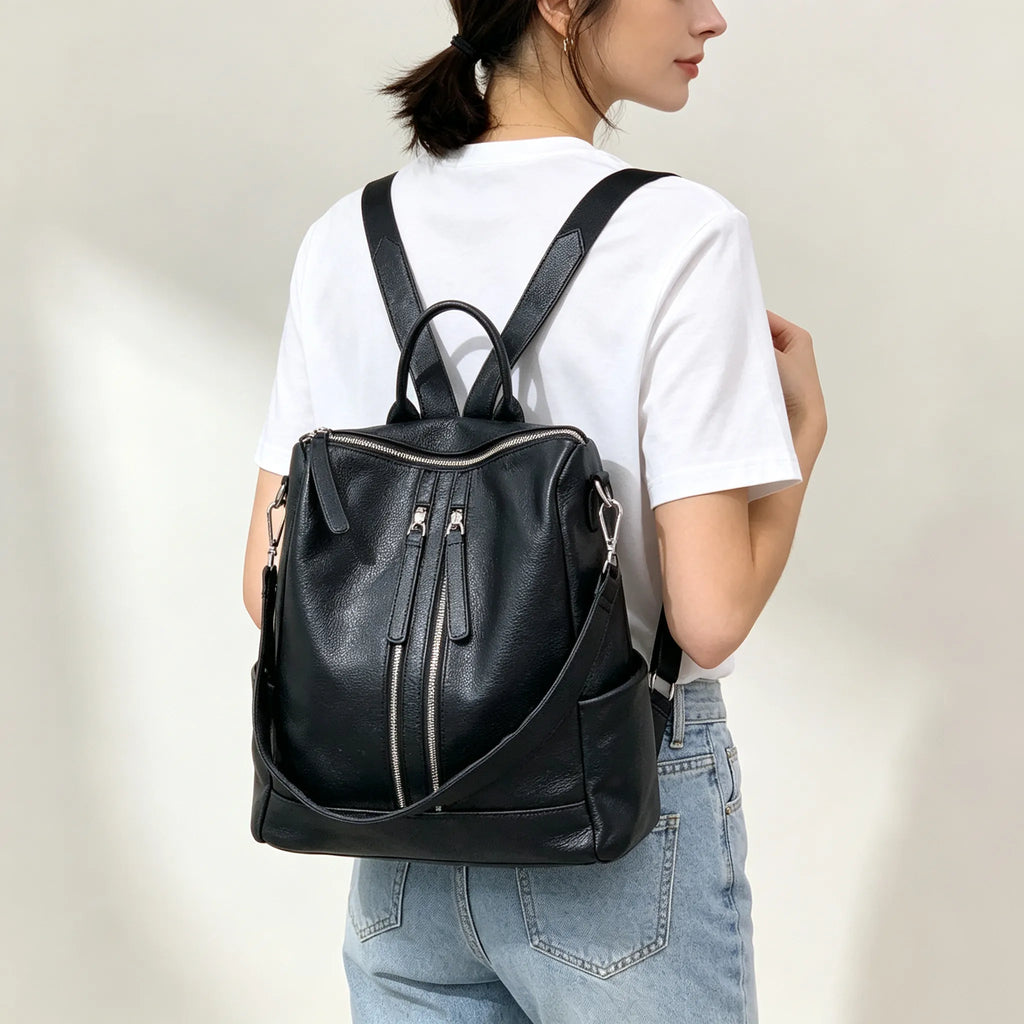 Black Double Zipper Convertible Top Grain Leather Backpack School Bag