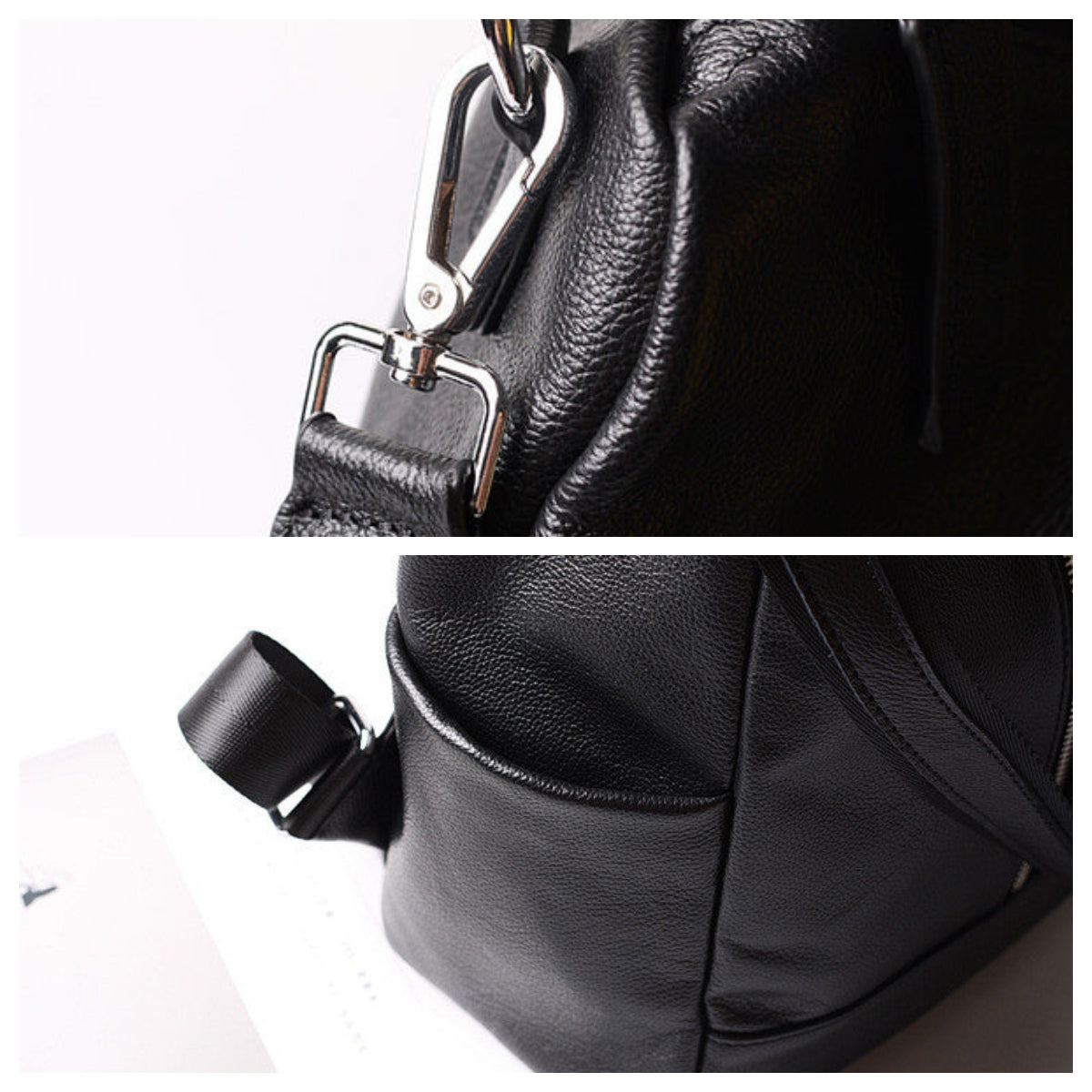 Black Double Zipper Convertible Top Grain Leather Backpack School Bag